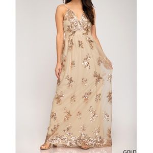 Sequined Mesh Maxi Dress